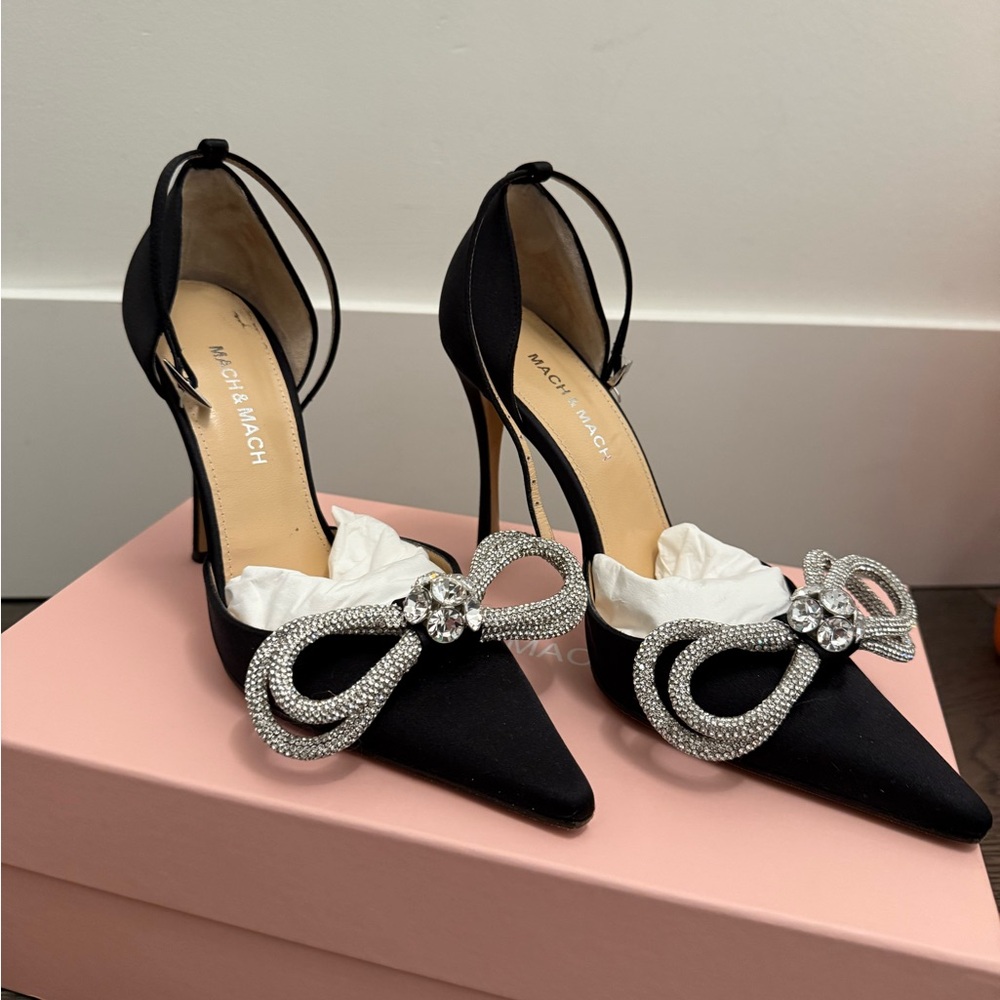 MACH & MACH Black and Silver Heels with Crystal Bow